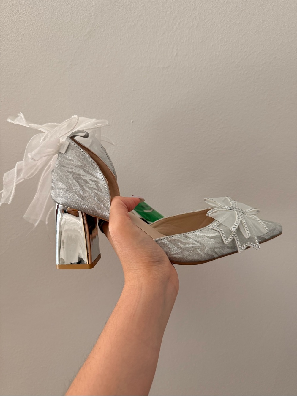 Silver Embellished Block Heel Pumps with Organza Tie